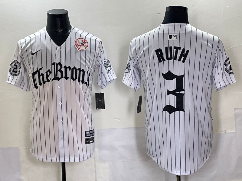 Men 2025 New York Yankees #3 Ruth White Stripe Five generations Joint Name Nike MLB Jersey style 07->new york yankees->MLB Jersey